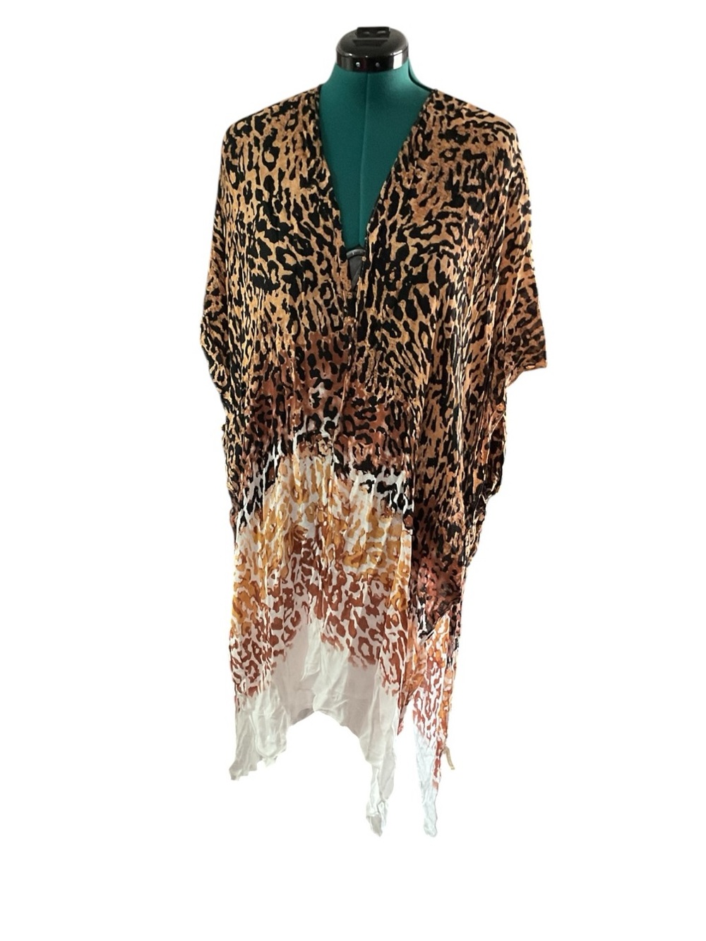 Leopard Print Open-Front Kimono Cover-Up in Brown and White 100% Viscose